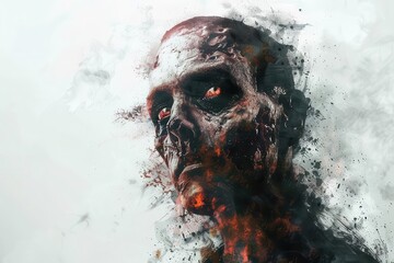 Wall Mural - frightening zombie portrait on stark white background horror concept illustration