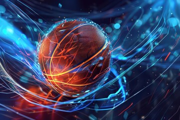 futuristic 3d basketball illustration sleek metallic texture and glowing lines sports concept art