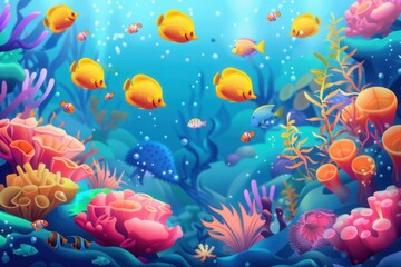 Wall Mural - A stunning underwater scene featuring vibrant coral reefs, exotic fish, and sea creatures. Perfect for diving centers and marine aquariums. Generative AI