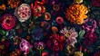 © Eddy Drmwn - A vibrant floral pattern with dark background featuring roses, dahlias, and other blooms in rich colors.