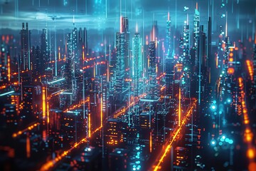 Wall Mural - futuristic cityscape interconnected iot devices holographic data streams glowing network nodes sleek technological aesthetic