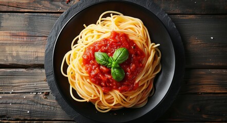 Canvas Print - A Plate of Spaghetti With Tomato Sauce and Fresh Basil on a Wooden Table