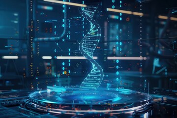 Wall Mural - futuristic medical hologram displaying a 3d dna helix surrounded by floating data points and genetic