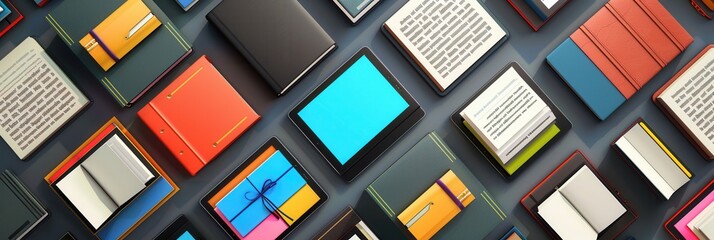 Poster - Colorful e-readers and tablets displaying digital educational materials and e-textbooks. Modern digital learning for online schools and e-book publishers. Generative AI