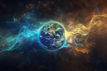 Wall Mural - glowing earth with energy waves in dark universe astronomy wallpaper digital art