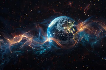 Wall Mural - glowing earth with energy waves in dark universe astronomy wallpaper digital art