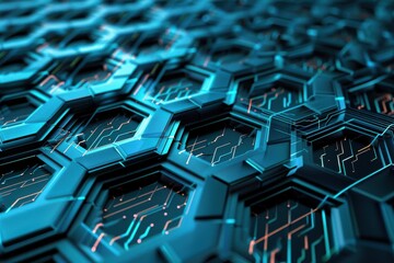 Wall Mural - Abstract background of glowing blue hexagonal shapes with circuit board patterns. Concept of technology, digital, futuristic, network, and connection