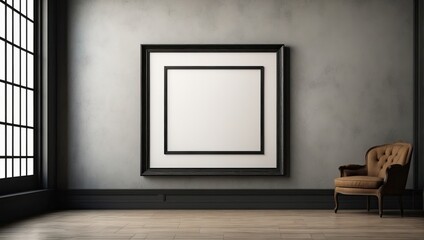 Blank black picture mock up frame on wall interior.
