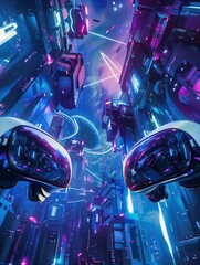 Wall Mural - Two VR headsets are positioned against a vibrant backdrop of a futuristic city, showcasing the immersive power of virtual reality. Generative AI