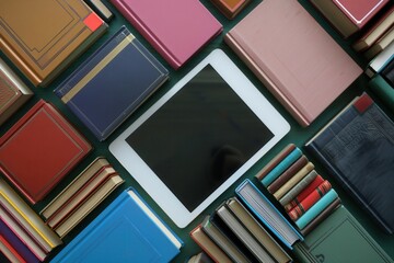 Poster - A flat lay image showcasing a tablet computer and various books, symbolizing the blend of modern and traditional learning methods. Generative AI