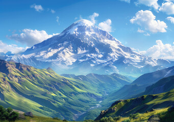 Wall Mural - The Mount Elbrus mountain range is visible in the background, with snow-capped peaks against a clear blue sky.
