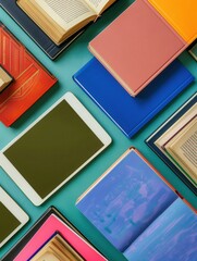 Leinwandbilder - A flat lay image showcasing tablets and traditional textbooks on a teal background, representing the modern shift towards digital learning. Generative AI