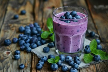 Poster - Glass of blueberry smoothie is surrounded by fresh ripe blueberries on a rustic wooden table