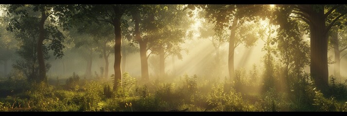 Leinwandbilder - A serene and mystical forest landscape at dawn, with sunbeams piercing through the mist and illuminating the trees. Generative AI