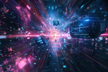 Fototapete - VR headsets and AR glasses fly through a vibrant, digital landscape. Experience the immersive power of virtual reality. Generative AI