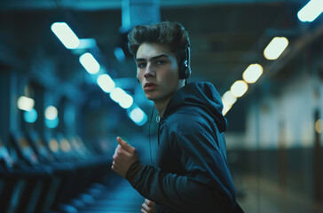 Wall Mural - Young man in sportswear running on a treadmill at the gym, wearing earphones