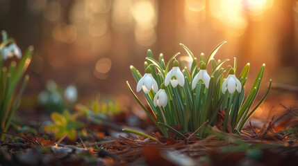 Wall Mural - Beautiful snowdrops blooming in the forest, bathed in golden sunlight.  Concept of spring, renewal, and nature's beauty.