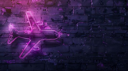 Wall Mural - Plane symbol drawn by purple neon light on black wall