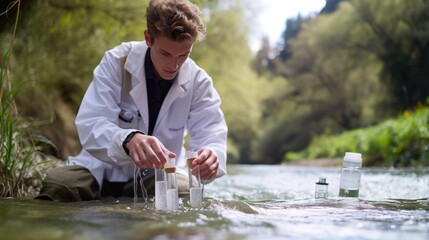 Wall Mural - A man, wearing a lab coat, collects water from a river, amidst a beautiful natural landscape with happy people, trees, grass, and a serene lake. AIG41