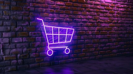 Shopping cart symbol drawn by purple neon light on black wall