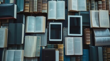 Leinwandbilder - Close-up shot of digital tablets and e-readers displaying educational content, surrounded by traditional textbooks, signifying the modern shift towards digital learning. Generative AI