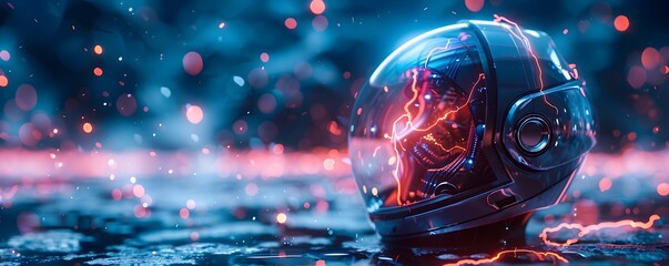 Wall Mural - Glowing Futuristic Helmet with Electric Currents in Vibrant Dark Atmosphere