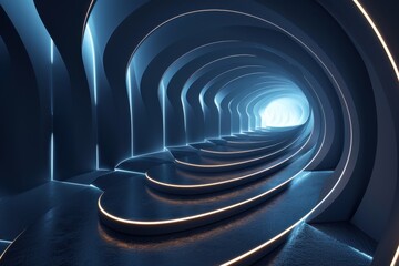 Wall Mural - Futuristic glowing blue tunnel interior with abstract architecture. Concept of science fiction, technology, and the future.