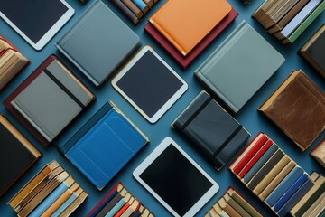 Poster - A flat lay showcasing tablets and e-readers displaying educational materials against a blue background. Generative AI