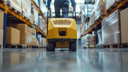 Wall Mural - Worker in a warehouse pulling a pallet jack filled with boxes. 