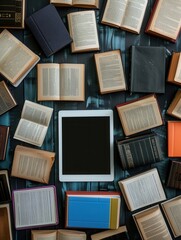 Poster - A close-up image of various tablets and e-readers displaying educational materials, showcasing the modern shift towards digital learning. Generative AI