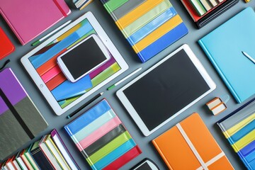 Leinwandbilder - A Flat Lay Featuring Digital Tablets, E-Readers, And Traditional Books Showcasing Educational Materials For Online Learning. Generative AI