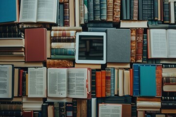 Leinwandbilder - A Flat Lay of Tablets and E-Readers Surrounded by Books Representing Modern Digital Learning. Generative AI