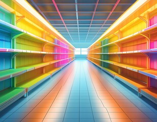 Vibrant store / supermarket  aisle with empty shelves