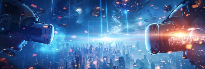 Poster - A futuristic cityscape and vibrant digital world seen through the lens of VR headsets, illustrating the potential for immersive virtual experiences. Generative AI