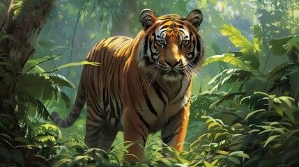 Wall Mural - beautiful bengal tiger with lush green habitat background.