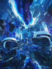 Poster - VR headsets float in a surreal digital environment, showcasing the immersive power of virtual reality technology. Generative AI