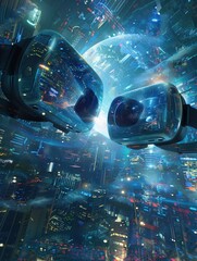 Poster - VR headsets and AR glasses offer an immersive experience in a futuristic cityscape. Generative AI