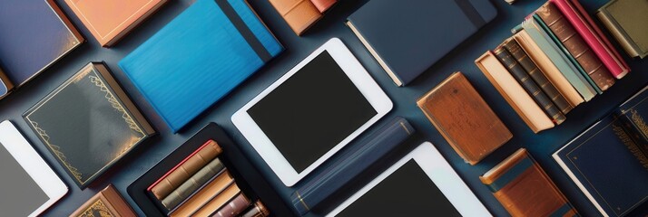 Poster - A modern flat lay with tablets and e-readers displaying educational content, perfect for online schools and e-book publishers. Generative AI