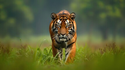 Wall Mural - beautiful bengal tiger with lush green habitat background.