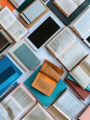 Leinwandbilder - A flat lay image featuring tablets and open e-books, showcasing the modern digital learning experience. Generative AI