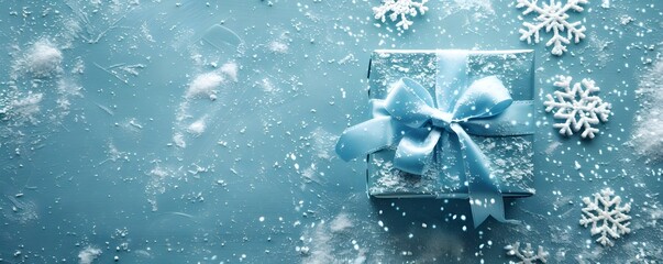 Winter Wonderland Parcel Box with Icy Ribbon and Snowflakes Gift Concept with Copy Space