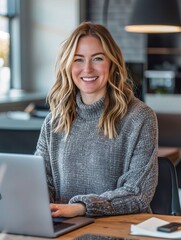 Happy busy caucasian business woman entrepreneur in office using laptop at work, smiling professional female company executive manager working looking at computer at workplace.