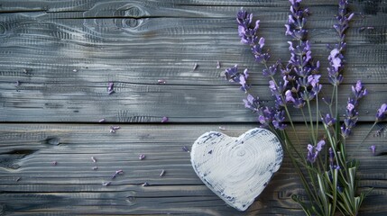 Wall Mural - Lavender and white heart on a gray wooden background