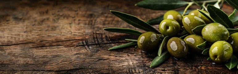 Wall Mural - Fresh Green Olives on Rustic Wood