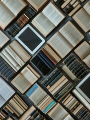 Leinwandbilder - An overhead view of various tablets, e-readers, and stacks of traditional books, showcasing the modern digital learning environment alongside traditional print materials. Generative AI
