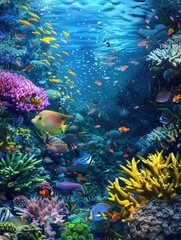 Wall Mural - A stunning underwater scene showcasing a diverse coral reef ecosystem teeming with vibrant fish and sea creatures. Perfect for diving centers and marine aquariums. Generative AI