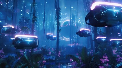 Poster - A surreal scene of VR headsets floating in a digital forest, showcasing the immersive nature of virtual reality. Generative AI