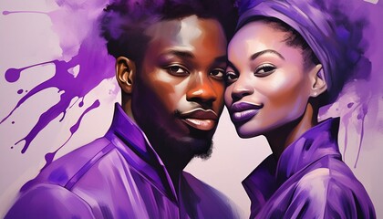 Abstract purple paint portrait of a black man and women couple smiling