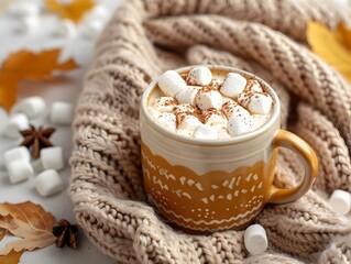 Wall Mural - Cozy Autumn Sweater Wrapped Around a Steaming Cup of Delectable Cocoa with Fluffy Marshmallow Topping