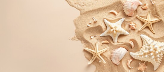 Sticker - Summer holiday concept with starfish and sand mockup on a beige background, viewed from above, with space for text, in a flat lay style.